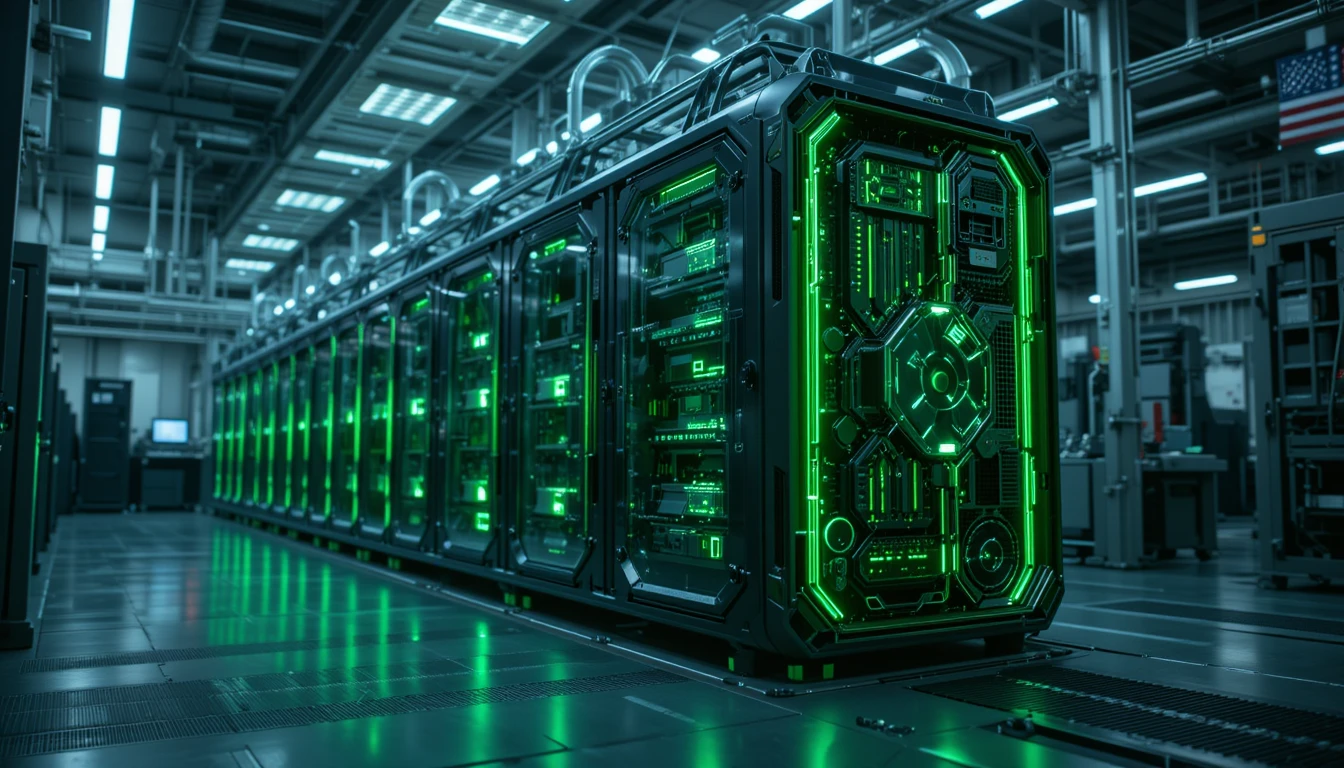 NVIDIA Blackwell chip production line inside a modern American supercomputer factory in 2025