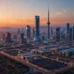 Phoenix Arizona high-tech skyline with data centers and AI infrastructure at sunset