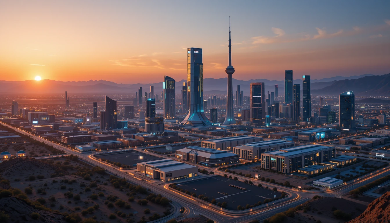 Phoenix Arizona high-tech skyline with data centers and AI infrastructure at sunset